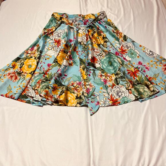 Flint & Moss Skirt Floral Tie Elastic Waist Circle Flowing Midi Size M Teal - Picture 1 of 10